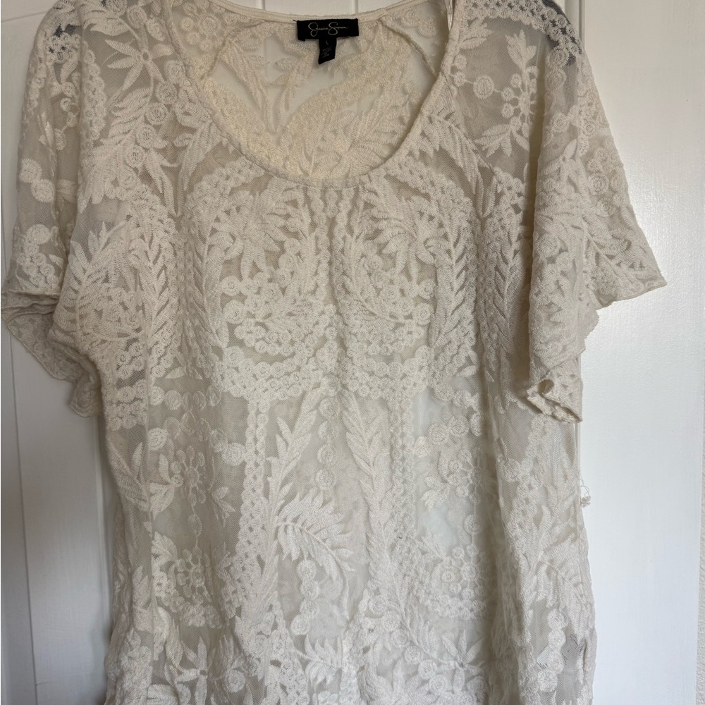 Jessica Simpson Ivory Floral Lace Scoop Neck Blouse